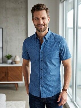 Denver Hayes Blue Geometric Print Short Sleeve Button Down Shirt - Size M